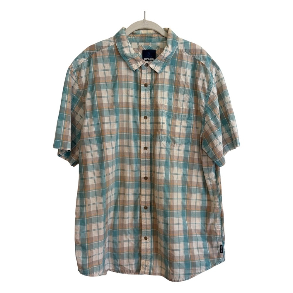 Prana Short Sleeve Button Down Shirt Mens XL Blue Plaid Organic Cotton Casual